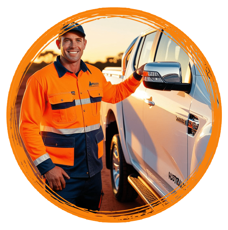 Australian tradesman wearing high visibility clothing standing next to his new utility vehicle, business car finance by Ume Loans